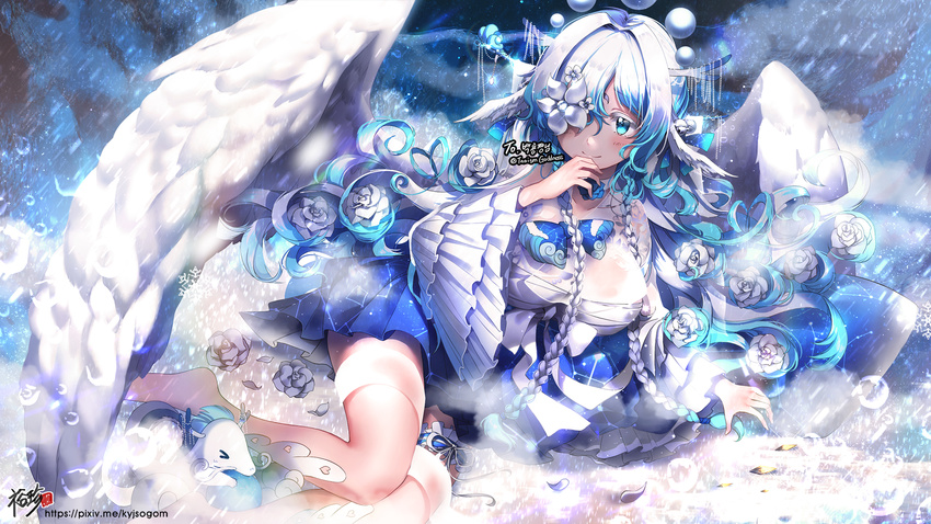 artist_name barefoot blue_eyes blue_skirt blush breasts cleavage closed_mouth commission eyebrows_visible_through_hair hair_over_one_eye highres korean kyjsogom large_breasts long_hair looking_at_viewer lying on_side original pixiv_username skirt smile snowflakes solo twitter_username watermark web_address white_hair wings