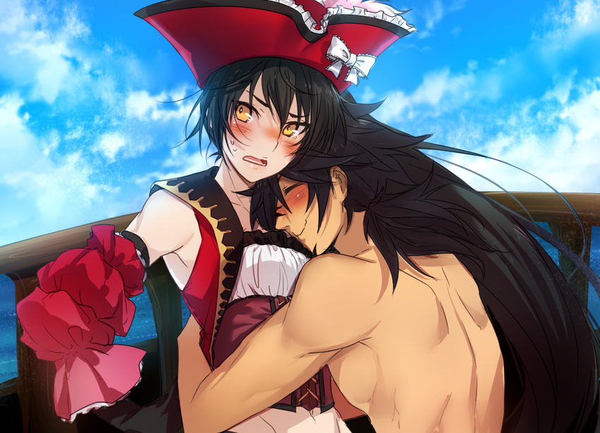 1girl :o black_gloves black_hair blush bow closed_eyes cloud corset couple dark_skin dark_skinned_male day detached_sleeves gloves hat hat_bow hetero hug long_hair navel ponytail red_hat red_sleeves rokurou_rangetsu shirtless sky smile tales_of_(series) tales_of_berseria tusia velvet_crowe white_bow yellow_eyes