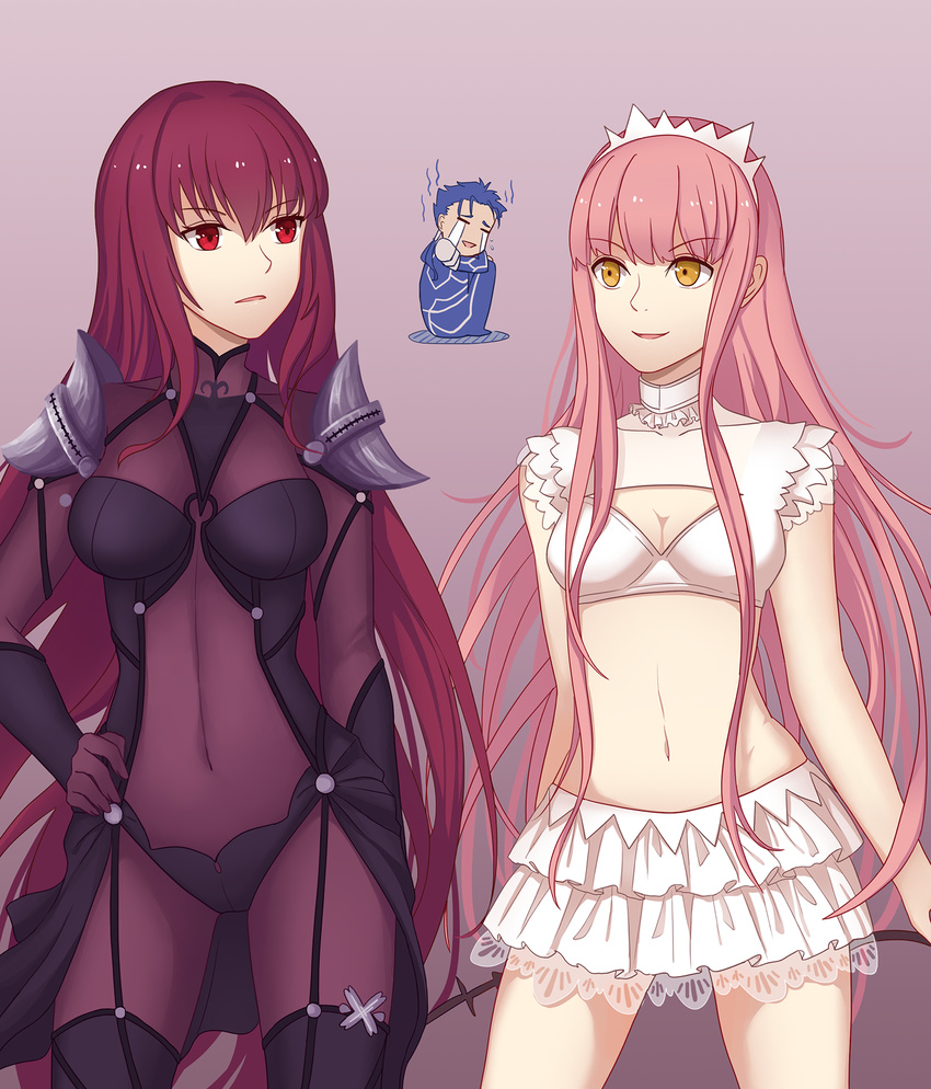 2girls ain_(3990473) armor bangs blue_bodysuit blue_hair blunt_bangs bodysuit breasts bustier cleavage contrapposto cowboy_shot crying fate/grand_order fate_(series) hand_on_hip highres holding_whip lancer long_hair looking_at_another medb_(fate)_(all) medb_(fate/grand_order) medium_breasts miniskirt multiple_girls navel pauldrons pink_hair purple_bodysuit purple_hair red_eyes scathach_(fate)_(all) scathach_(fate/grand_order) shoulder_armor skirt smile standing tears very_long_hair whip white_skirt yellow_eyes