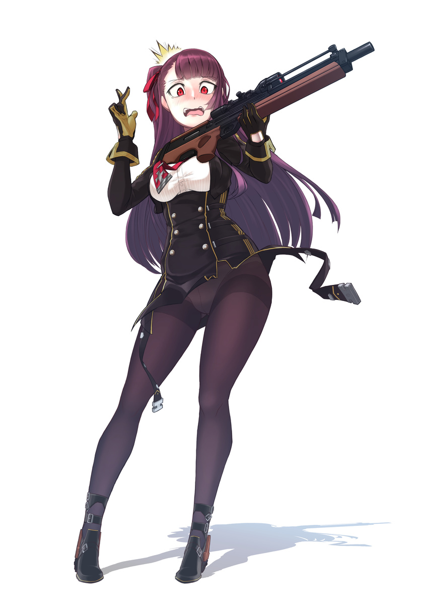 1girl absurdres asymmetrical_bangs bangs black_legwear blush boots breasts brown_footwear brown_hair bullpup commentary crotch_seam dragoncastle eyebrows_visible_through_hair full_body girls_frontline gloves gun hair_ribbon highres holding holding_gun holding_weapon long_hair long_sleeves looking_at_viewer medium_breasts necktie nose_blush one_side_up open_mouth panties panties_under_pantyhose pantyhose purple_hair red_eyes red_neckwear red_ribbon ribbon rifle silhouette sniper_rifle solo standing underwear very_long_hair wa2000_(girls_frontline) walther walther_wa_2000 wavy_mouth weapon white_background