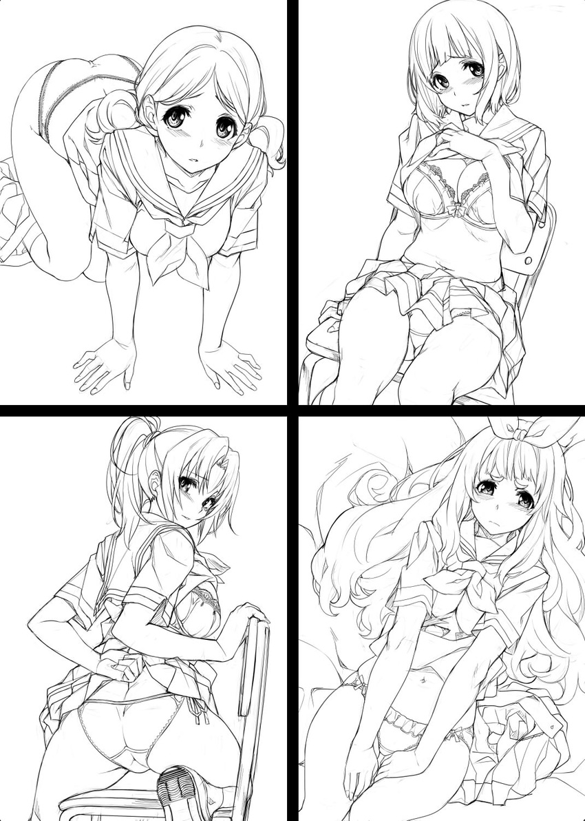 4girls all_fours arm_support ass bangs blush bow bra breasts butt_crack chair cleavage collarbone eyebrows eyebrows_visible_through_hair frilled_panties frills from_behind greyscale hair_bow hands_on_own_thighs hibike!_euphonium highres jpeg_artifacts lace lace-trimmed_bra large_breasts lifted_by_self lineart lingerie long_hair looking_at_viewer looking_back low_twintails mole mole_under_eye monochrome multiple_girls nagayori nakagawa_natsuki nakaseko_kaori navel neckerchief ogasawara_haruka panties parted_lips pleated_skirt ponytail school_chair school_uniform serafuku shirt_lift shoes short_hair side-tie_panties simple_background sitting skirt skirt_removed thick_eyebrows thighs twintails underwear upskirt uwabaki white_background yoshikawa_yuuko