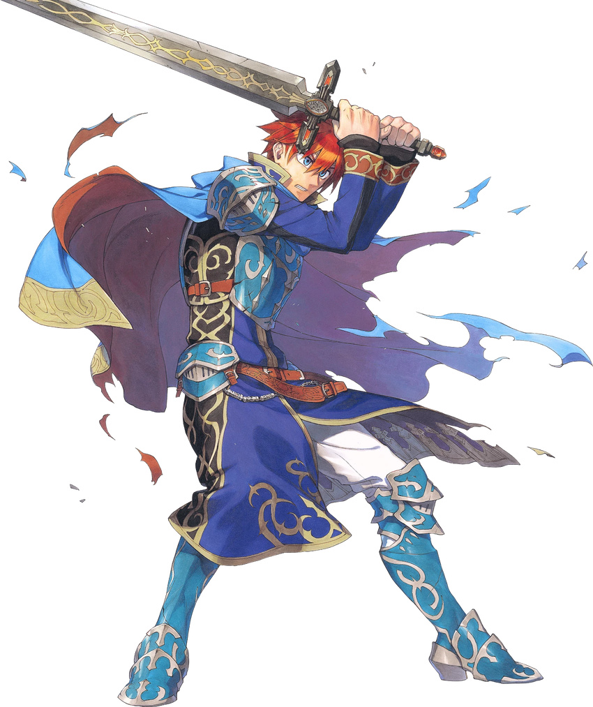 armor blue_eyes cape durandal_(fire_emblem) eliwood_(fire_emblem) fire_emblem fire_emblem:_rekka_no_ken fire_emblem_heroes full_body highres male_focus miyuu official_art red_hair smile solo standing sword torn_clothes transparent_background weapon