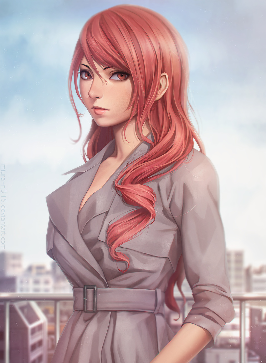 artist_name balcony belt blue_sky blurry blurry_background building closed_mouth cloud cloudy_sky commentary cowboy_shot day depth_of_field drill_hair expressionless grey_coat highres kirijou_mitsuru lips long_hair looking_at_viewer miura-n315 nose persona persona_3 railing red_eyes red_hair sky skyline solo trench_coat