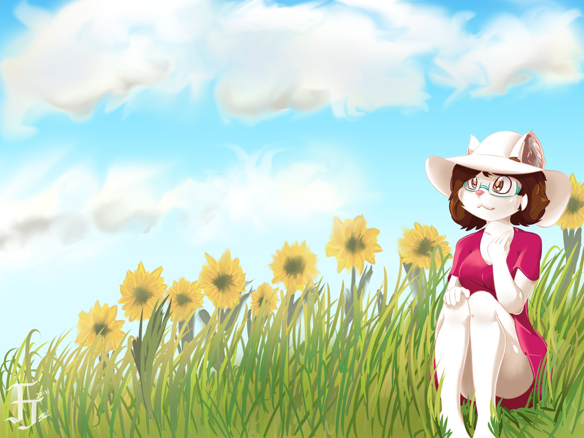 5_fingers anthro brown_eyes brown_hair cat clothing cloud digital_media_(artwork) dress eyewear fejess96 feline female fur glasses hair hat hi_res humanoid_hands jessica_(fejess96) mammal sunflowers teenager white_fur young