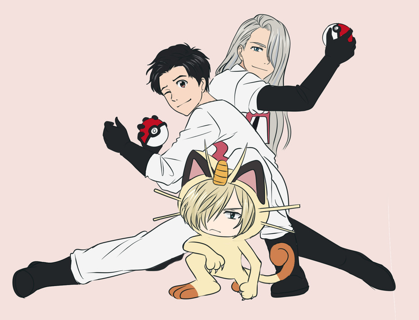 black_gloves black_hair blonde_hair blue_eyes boots brown_eyes cosplay cubisticking elbow_gloves gen_1_pokemon gloves green_eyes highres holding holding_poke_ball katsuki_yuuri kojirou_(pokemon) kojirou_(pokemon)_(cosplay) male_focus meowth meowth_(cosplay) multiple_boys musashi_(pokemon) musashi_(pokemon)_(cosplay) one_eye_closed one_knee poke_ball poke_ball_(generic) pokemon pokemon_(anime) silver_hair smile team_rocket viktor_nikiforov yuri!!!_on_ice yuri_plisetsky