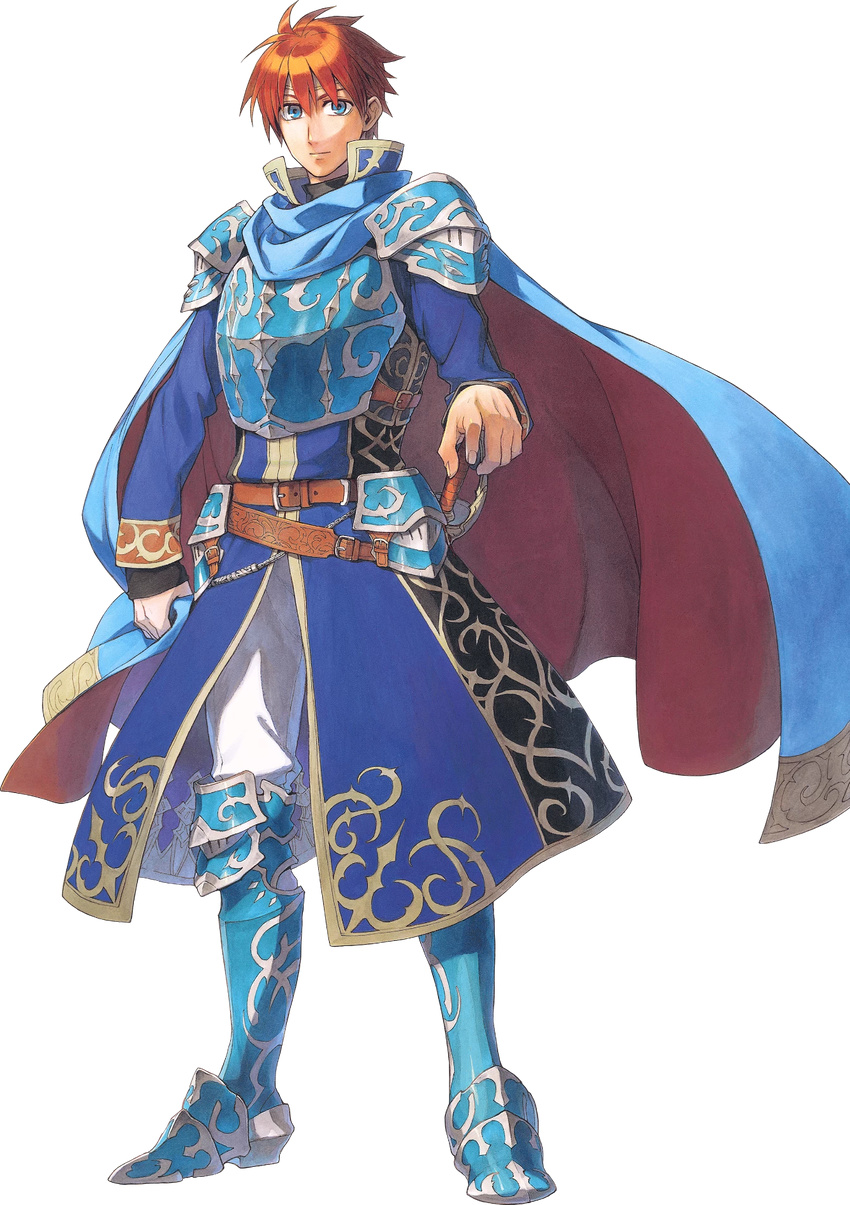 armor blue_eyes cape durandal_(fire_emblem) eliwood_(fire_emblem) fire_emblem fire_emblem:_rekka_no_ken fire_emblem_heroes full_body highres looking_at_viewer male_focus miyuu official_art red_hair short_hair smile standing sword transparent_background weapon