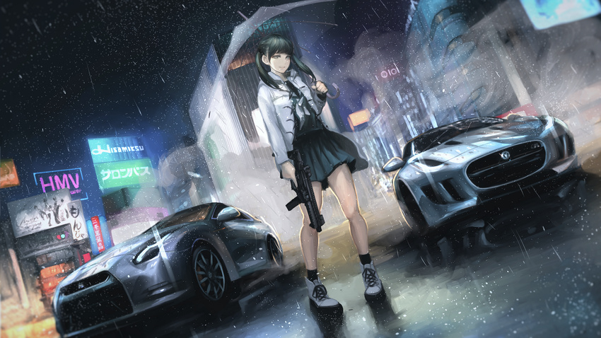 black_hair car commentary_request ground_vehicle gun hair_over_shoulder holding holding_gun holding_weapon jaguar_(car) jaguar_f-type koh_(minagi_kou) long_hair long_sleeves motor_vehicle night nissan nissan_gt-r original rain revision school_uniform serafuku shibuya_(tokyo) sig_sauer sig_sauer_mpx sign solo submachine_gun tokyo_(city) twintails umbrella weapon