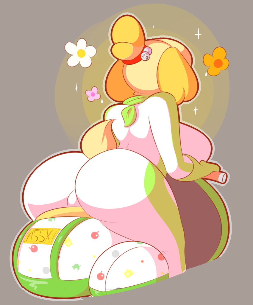 animal_crossing anthro big_breasts big_butt breasts butt canine clothed clothing dog female flower fur hair hi_res isabelle_(animal_crossing) mammal mario_bros mario_kart moped motor_scooter nintendo plant shih_tzu side_boob simple_background solo theycallhimcake thick_thighs tight_clothing vehicle video_games