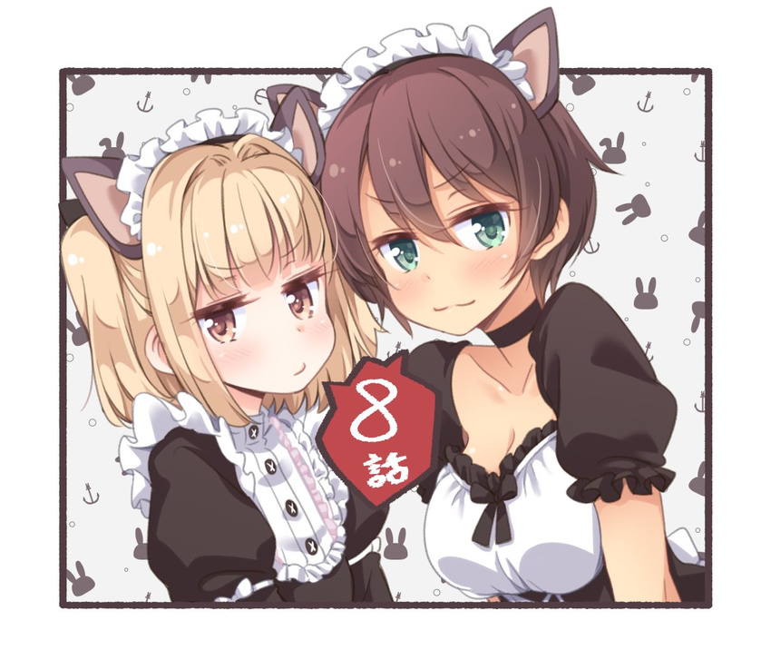 :3 animal_ears blonde_hair breasts brown_eyes brown_hair cat_ears choker cleavage commentary episode_number flat_chest green_eyes hair_between_eyes iijima_yun large_breasts looking_at_viewer maid maid_headdress multiple_girls new_game! official_art pout puffy_short_sleeves puffy_sleeves shinoda_hajime short_hair short_sleeves short_twintails tokunou_shoutarou twintails