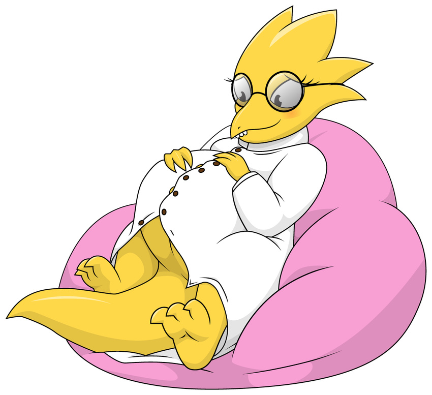 2016 3_toes alpha_channel alphys anthro belly big_belly blush clothed clothing eyewear female game_(disambiguation) glasses invalid_color pregnant scalie simple_background smile solo toes transparent_background undertale video_games xniclord789x