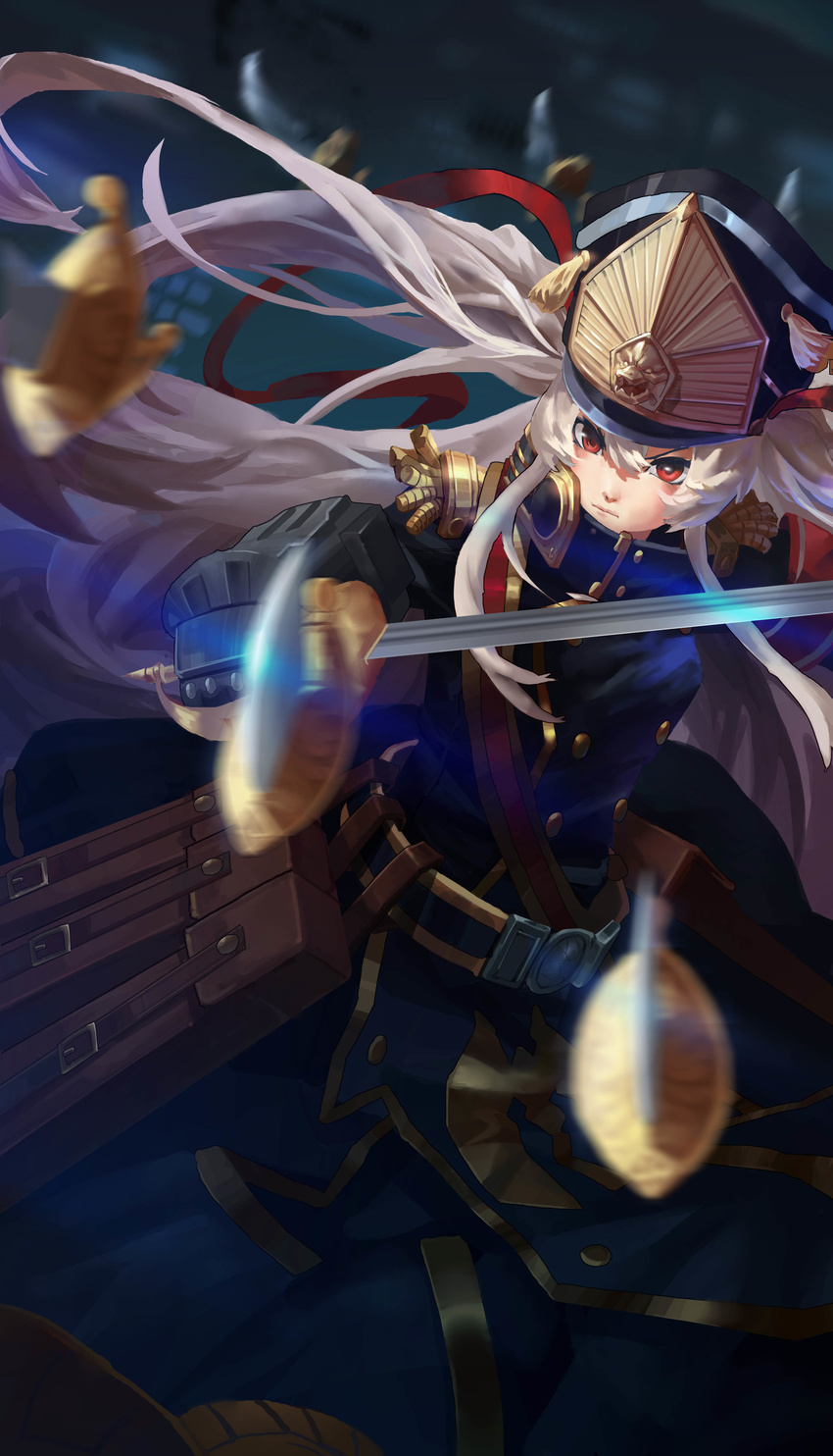 absurdres altair_(re:creators) armband belt belt_pouch black_coat black_hat buckle closed_mouth commentary_request double-breasted epaulettes fighting_stance floating_hair floating_swords gauntlets glaring glint hair_between_eyes hat high_collar highres holding holding_sword holding_weapon long_hair long_sleeves looking_at_viewer luobo_carrot military military_uniform motion_blur pouch re:creators red_eyes saber_(weapon) serious shako_cap sidelocks solo standing sword tassel uniform very_long_hair weapon white_hair