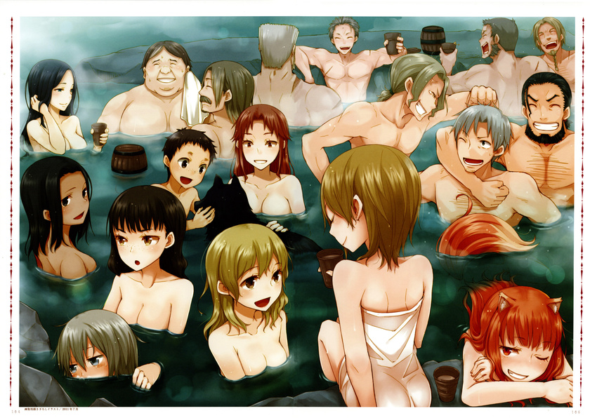 6+girls :d ;d absurdres alcohol animal animal_ears annotation_request ayakura_juu beard black_hair blonde_hair breasts brown_eyes brown_hair character_request cleavage closed_eyes collarbone copyright_name craft_lawrence dark_skin dian_rubens dog elsa_schtingheim enekk eu_landt eve_bolan facial_hair fran_vonely freckles grey_hair grin hafner_hugues hand_in_hair hat helena_(spice_and_wolf) highres hilde_schnau holding holo long_hair luward_myuri marc_cole max_moize medium_breasts mixed_bathing multiple_boys multiple_girls mustache naked_towel nora_arento novel_illustration official_art one_eye_closed onsen open_mouth orange_hair partially_annotated red_eyes red_hair scar short_hair shoulder_blades silver_eyes small_breasts smile spice_and_wolf sweat tail topless tote_col towel weiz white_towel wolf_ears wolf_tail