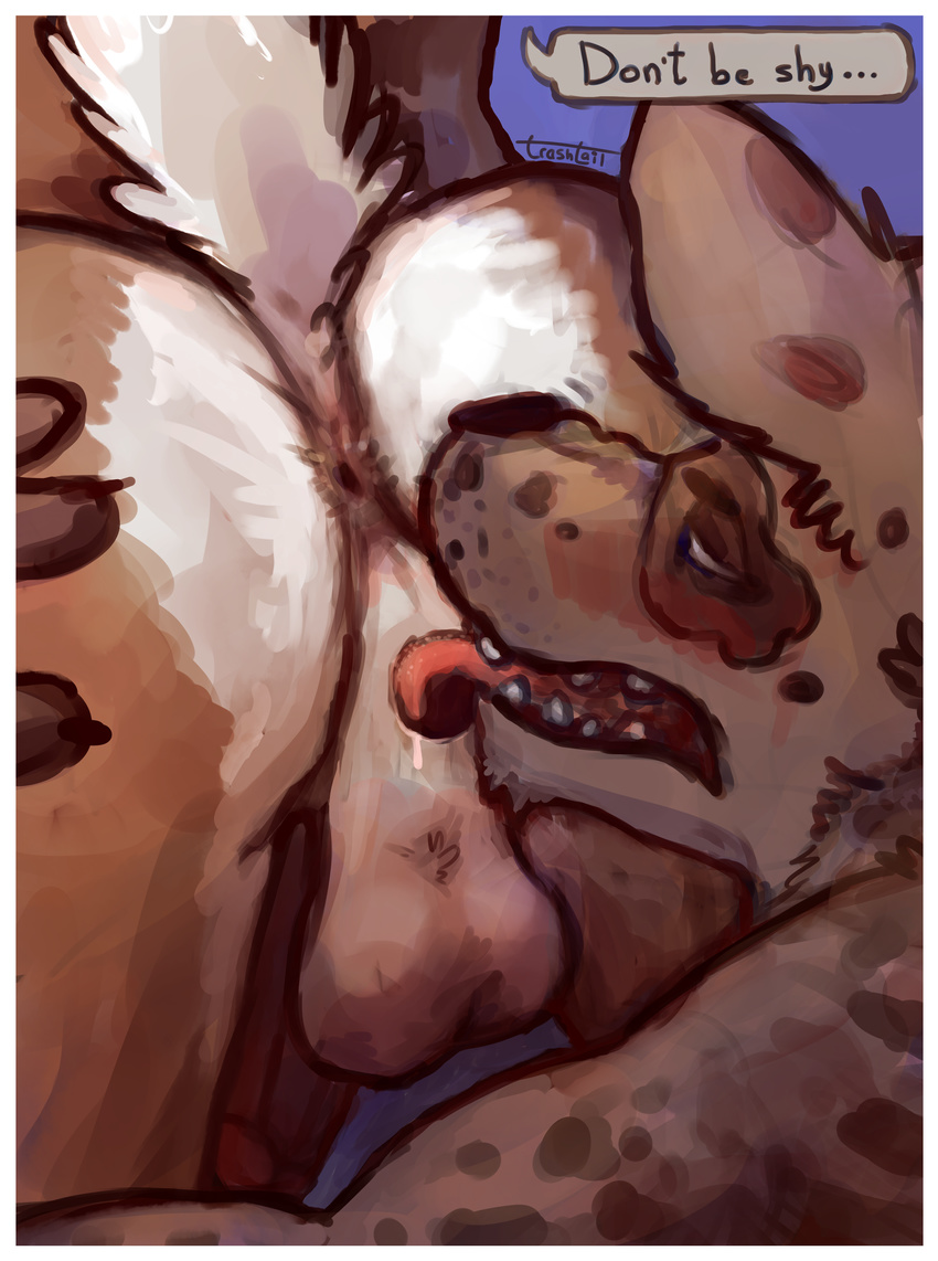 2017 absurd_res anal anthro anus backsack balls bedroom_eyes big_butt blue_eyes blush butt canine cervine close-up deer dialogue digital_media_(artwork) drooling duo erection eyebrows faceless_male fur half-closed_eyes hi_res humanoid_penis hyena interspecies male male/male mammal nude open_mouth oral penis perineum presenting presenting_anus presenting_hindquarters raised_tail rimming saliva seductive sex simple_background speech_bubble spreading submissive_male teeth tongue tongue_out trashtail