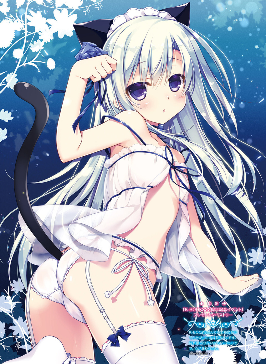 :o adjusting_clothes animal_ears ass babydoll blush cat_ears cat_tail chikotam choker cowboy_shot dengeki_moeou eyebrows_visible_through_hair flat_chest from_behind garter_belt green_hair highres leg_up looking_at_viewer looking_back panties parted_lips paw_pose purple_eyes ribbon_choker side-tie_panties solo strap_slip tail thighhighs trefoil twisted_torso underwear white_legwear white_panties