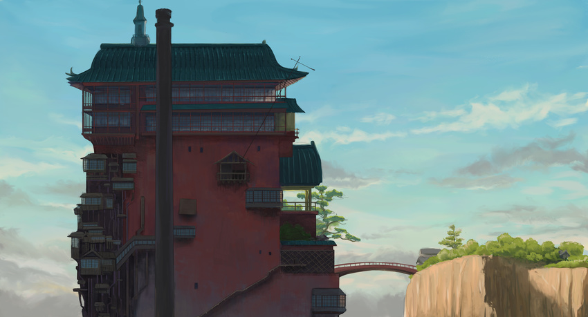 balcony blue_sky bridge building chimney cliff cloud cloudy_sky commentary_request day highres house no_humans outdoors qs2435 scenery sen_to_chihiro_no_kamikakushi sky stairs tree