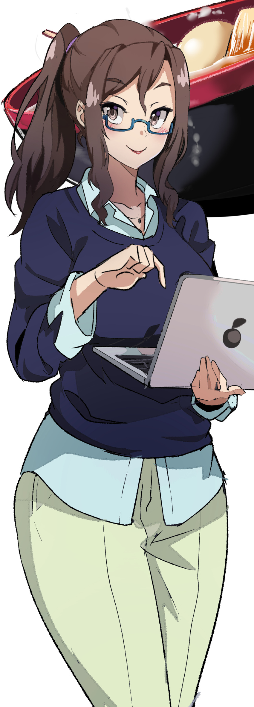 absurdres blue-framed_eyewear blush brown_eyes brown_hair computer glasses highres julioalqae kouzuki_sanae laptop looking_at_viewer sakura_quest sketch smile solo standing