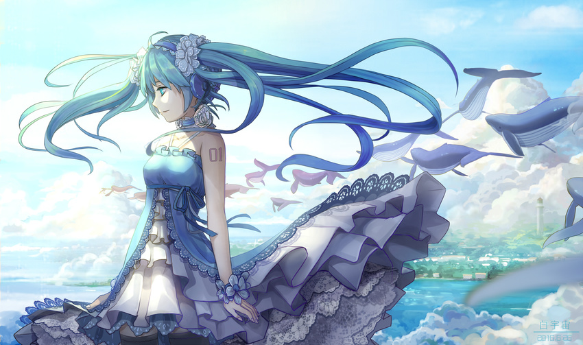 aoiakamaou black_legwear blue_hair blue_hairband blue_ribbon collarbone cowboy_shot dated day dress floating_hair flying_whale green_eyes hair_ornament hairband hatsune_miku headphones highres layered_dress long_hair number outdoors ribbon sky sleeveless sleeveless_dress solo standing tattoo thighhighs twintails very_long_hair vocaloid whale