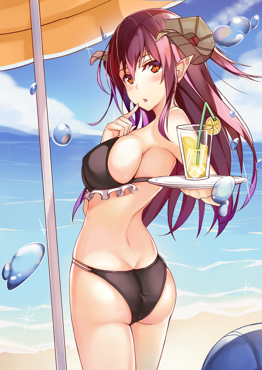 absurdres ass bikini black_bikini breasts brown_hair cup demon_girl demon_horns drinking_glass drinking_straw finger_to_mouth highres horns large_breasts long_hair looking_back muren_k1ht ocean original pointy_ears solo swimsuit tray umbrella water