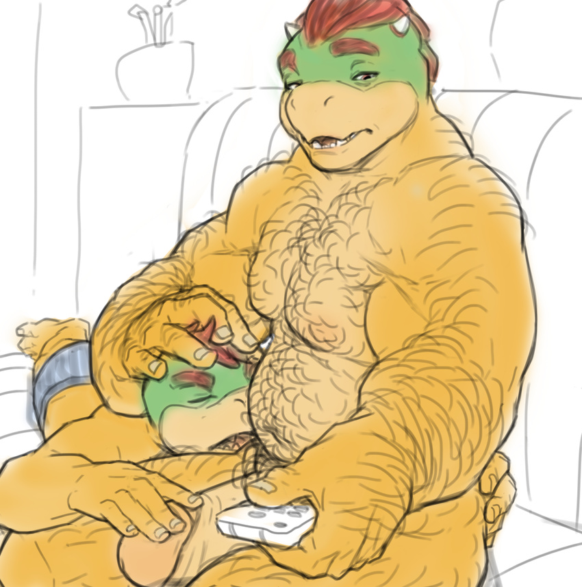 2017 5_fingers age_difference anthro anthrofied arm_hair belly biped body_hair bowser bowser_jr. chest_hair duo father father_and_son fingernail hair hairy half-closed_eyes hand_on_penis hi_res humanoid_hands humanoid_penis incest inside koopa larger_male leg_hair living_room male male/male mario_bros muscular muscular_male nintendo older_male on_sofa parent penis rowf scalie short_hair short_horn simple_background sitting size_difference slightly_chubby smaller_male son stomach_hair thick_penis video_games younger_male