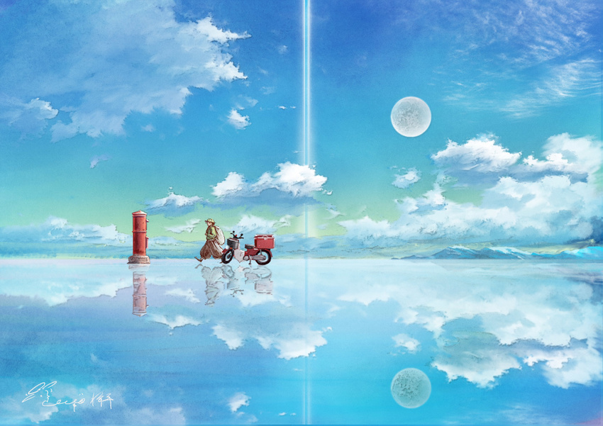 blue_sky booth cloud cloudy_sky commentary_request day from_side green_shirt ground_vehicle hachiya_shohei hat highres light_beam moon motor_vehicle ocean original outdoors pants puffy_pants reflection sack scenery scooter seascape shirt signature sky solo walking walking_on_liquid water_surface
