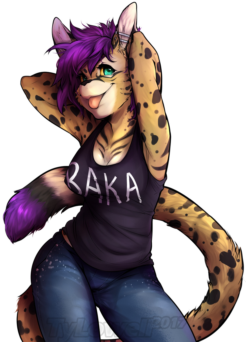 anthro breasts butt cat clothed clothing digital_media_(artwork) dipstick_tail ear_piercing feline female fur green_eyes hair happy inner_ear_fluff jeans kuro_murasaki looking_at_viewer mammal multicolored_tail pants piercing purple_hair serval shirt smile solo spots spotted_fur tank_top tomboy tongue tongue_out tsundere tylowell wide_hips