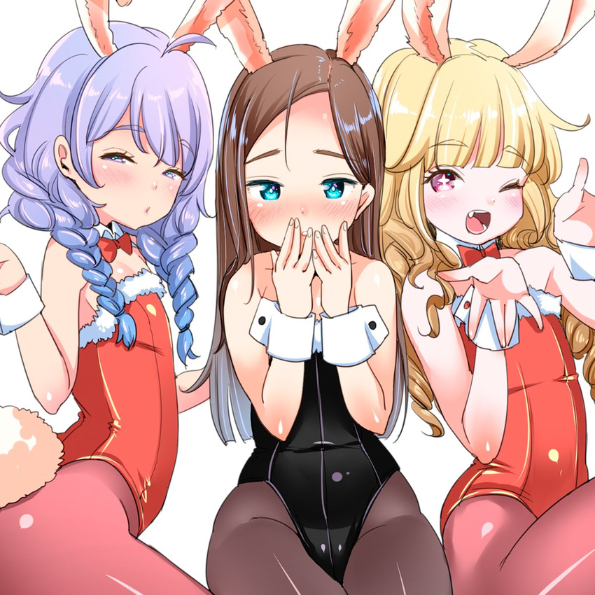 animal_ears ass bare_shoulders black_legwear black_leotard blonde_hair blue_eyes blue_hair braid brown_hair bunny_ears bunny_tail bunnysuit covered_navel curly_hair elin_(tera) fang hand_to_own_mouth highres leotard long_hair mojarin_(kihara_mojarin) multiple_girls one_eye_closed pantyhose red_eyes red_legwear red_leotard strapless strapless_leotard tail tera_online twin_braids twintails wrist_cuffs