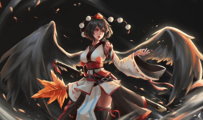 1girl absurdres arm_up bird_wings black_background black_hair black_legwear breasts contrapposto cowboy_shot feather_fan feathered_wings hat highres huge_filesize kourindou_tengu_costume large_wings light_trail looking_to_the_side medium_breasts parted_lips petals pom_pom_(clothes) red_eyes red_lips ribbon-trimmed_legwear ribbon-trimmed_sleeves ribbon_trim scabbard shameimaru_aya sheath sheathed short_hair solo sword thighhighs tokin_hat touhou weapon wind wings ye_ming_(328648)