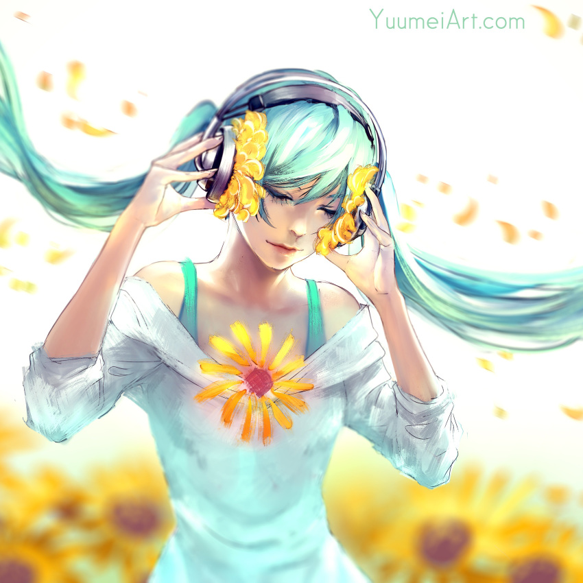 1girl absurdres aqua_hair blurry blurry_background commentary depth_of_field english_commentary eyes_closed facing_viewer flower hatsune_miku headphones highres long_hair petals solo sunflower twintails very_long_hair vocaloid watermark web_address wenqing_yan wind