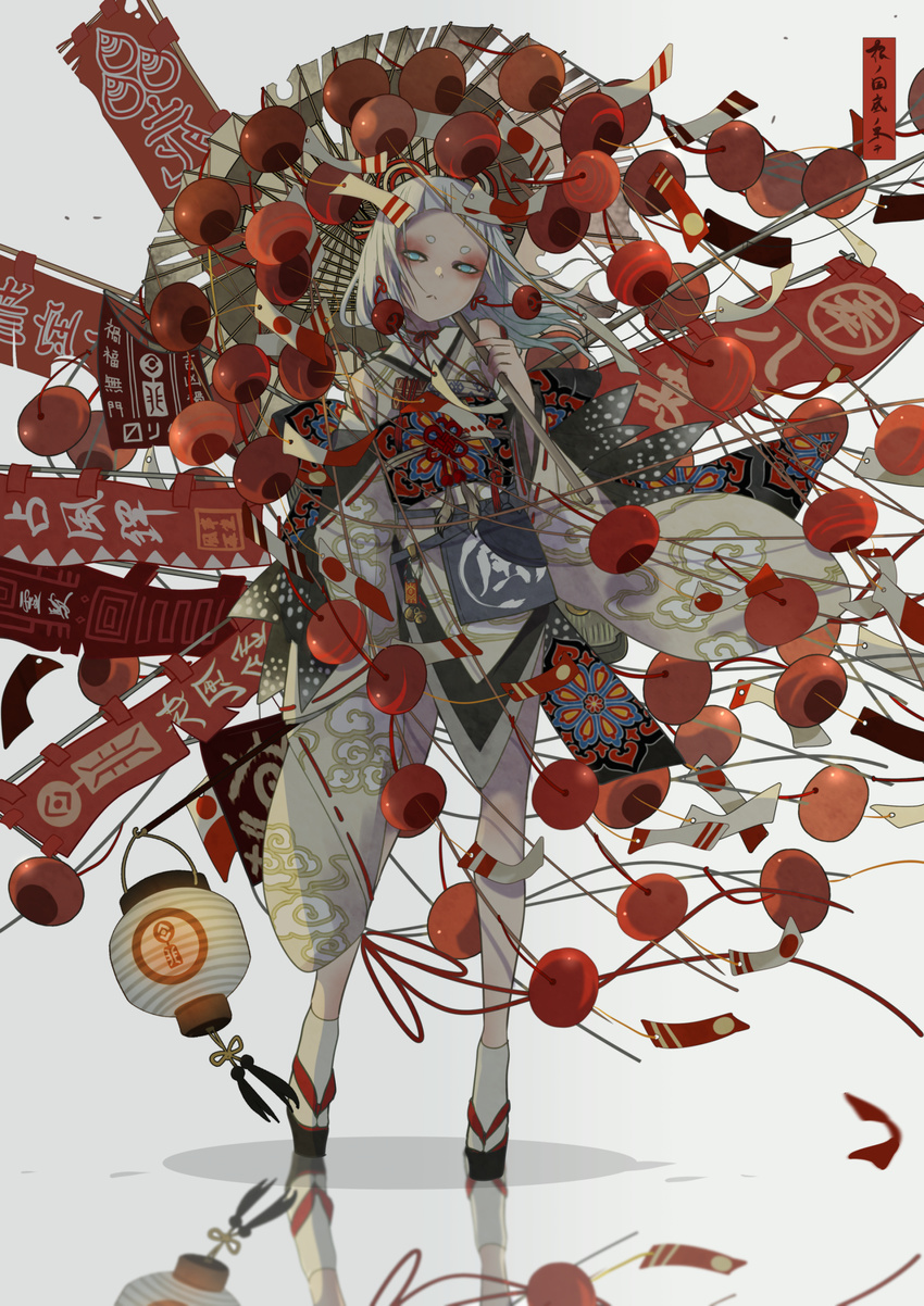 absurdres blue_eyes earrings eyebrows flag full_body highres japanese_clothes jewelry lantern looking_at_viewer nanahara_shie original over_shoulder paper_lantern parasol reflection sandals socks solo standing umbrella white_hair white_legwear wind_chime