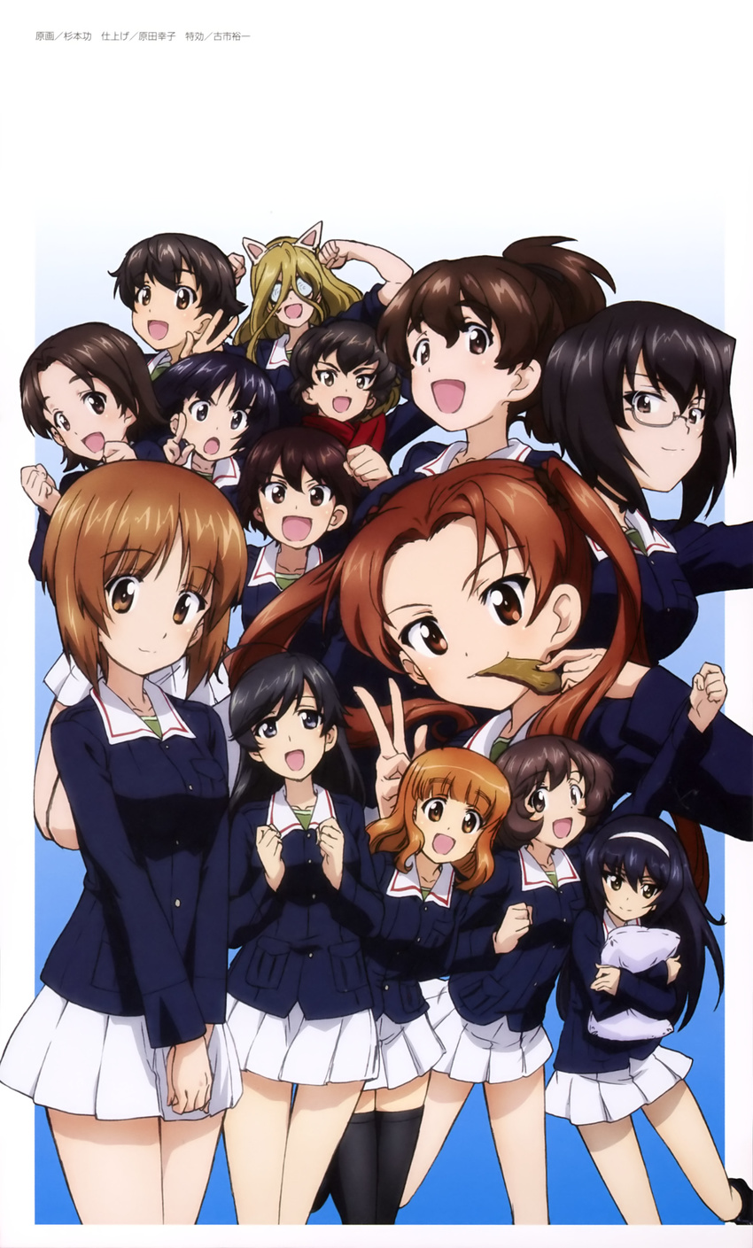 :d :o absurdres ahoge akiyama_yukari angry animal_ears bangs black-framed_eyewear black_choker black_eyes black_footwear black_hair black_legwear blue_background blue_jacket blunt_bangs bob_cut boots brown_eyes brown_hair caesar_(girls_und_panzer) cat_ears chips choker closed_mouth coke-bottle_glasses eating eyebrows_visible_through_hair fake_animal_ears flexing food girls_und_panzer glasses gradient gradient_background green_shirt hair_between_eyes hairband highres holding holding_food isobe_noriko isuzu_hana jacket kadotani_anzu kawashima_momo koyama_yuzu light_smile long_hair long_sleeves looking_at_viewer messy_hair military military_uniform miniskirt monocle multiple_girls nakajima_(girls_und_panzer) nekonyaa nishizumi_miho official_art ooarai_military_uniform open_mouth orange_eyes orange_hair outside_border parted_bangs pillow pleated_skirt pose potato_chips red_scarf reizei_mako ribbon_choker sawa_azusa scarf semi-rimless_eyewear shirt short_hair short_ponytail skirt smile sono_midoriko standing standing_on_one_leg sugimoto_isao takebe_saori thighhighs twintails under-rim_eyewear uniform v v_arms white_hairband white_skirt