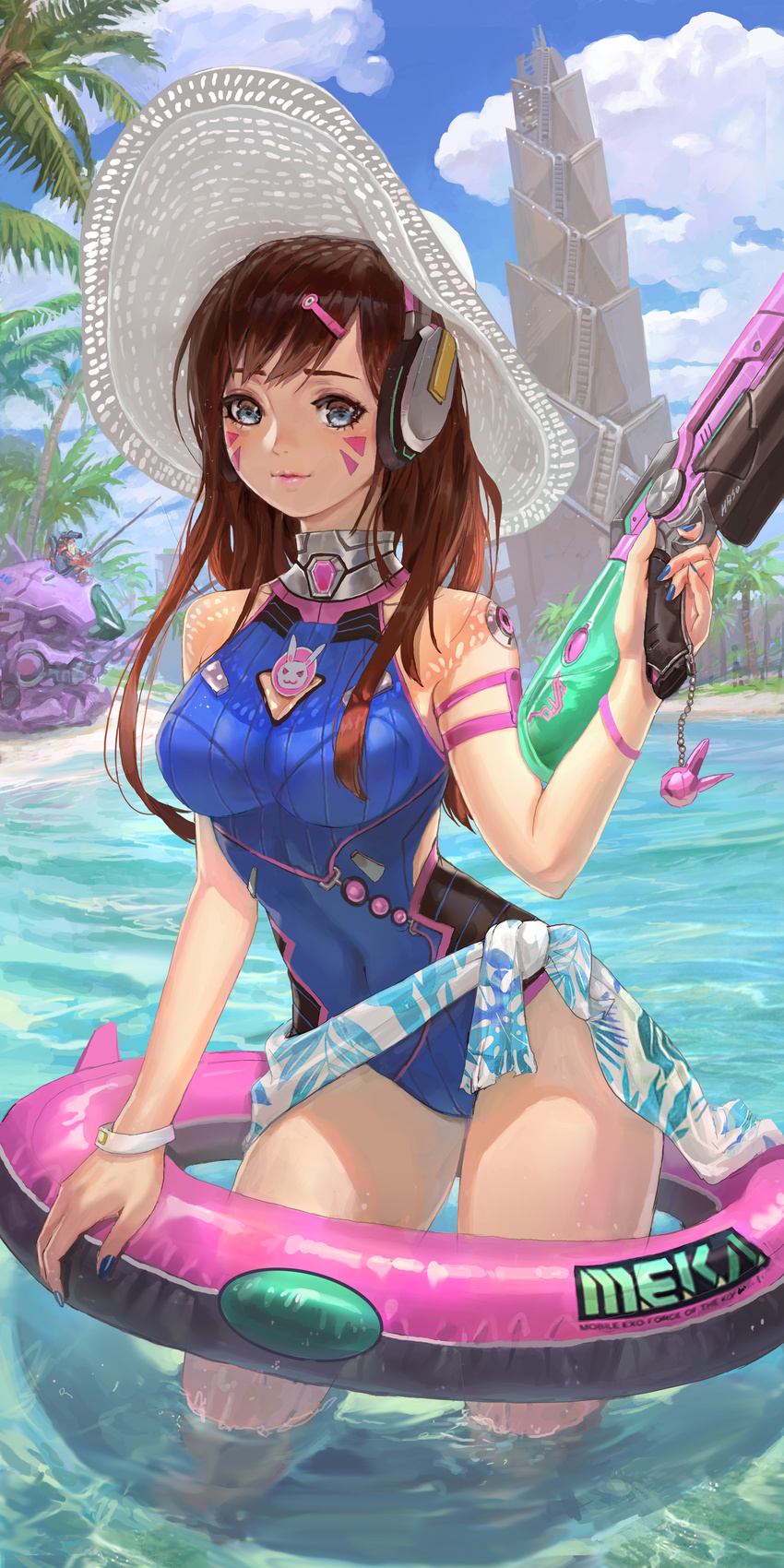 1girl absurdres adapted_costume arm_strap blue_eyes blue_nails blue_sky blue_swimsuit breasts brown_hair closed_mouth cloud cloudy_sky contrapposto covered_navel cowboy_shot d.va_(overwatch) day facial_mark finger_on_trigger fishing hair_ornament hairclip hat headphones highres impossible_clothes impossible_swimsuit innertube lips long_hair looking_at_viewer medium_breasts nail_polish one-piece_swimsuit outdoors overwatch shaonav sky standing sun_hat swimsuit torbjorn_(overwatch) wading water_gun wristband