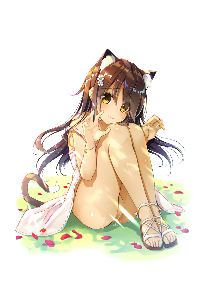 absurdres animal_ears blush bracelet brown_eyes brown_hair cat_ears cat_tail censored claw_pose convenient_censoring dress fang flower grass hair_flower hair_ornament highres jewelry light_beam light_censor long_hair looking_at_viewer no_panties original petals pussy_juice sandals simple_background sitting smile solo strap_slip tail underwear white_background yanagi_yuu