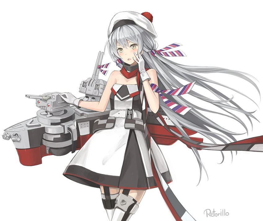 amatsukaze_(kantai_collection) armband bare_shoulders chou-10cm-hou-chan_(hatsuzuki's) commentary_request cosplay dress garter_straps gloves hair_between_eyes hand_to_own_mouth hat kantai_collection long_hair open_mouth rensouhou-kun retorillo richelieu_(kantai_collection) richelieu_(kantai_collection)_(cosplay) rigging simple_background strapless strapless_dress striped thighhighs white_background yellow_eyes zettai_ryouiki