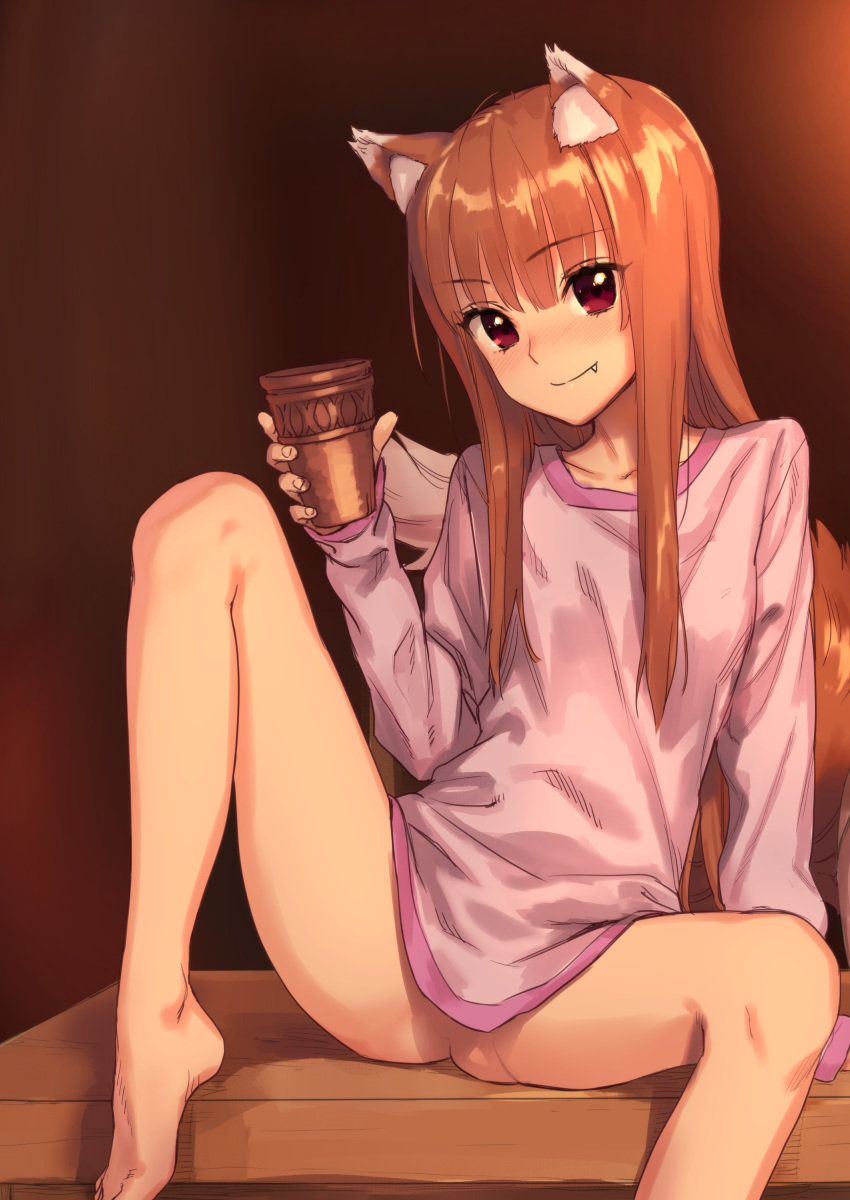1girl :d absurdres animal_ears arm_support barefoot blush bottomless breasts brown_hair censored eyebrows_visible_through_hair hair_over_breasts highres holo indoors kawakami_rokkaku long_hair long_sleeves mosaic_censoring navel nipples open_mouth purple_eyes pussy shirt_lift sidelocks sleeves_past_wrists small_breasts smile solo spice_and_wolf spread_legs tail wolf_ears wolf_girl wolf_tail