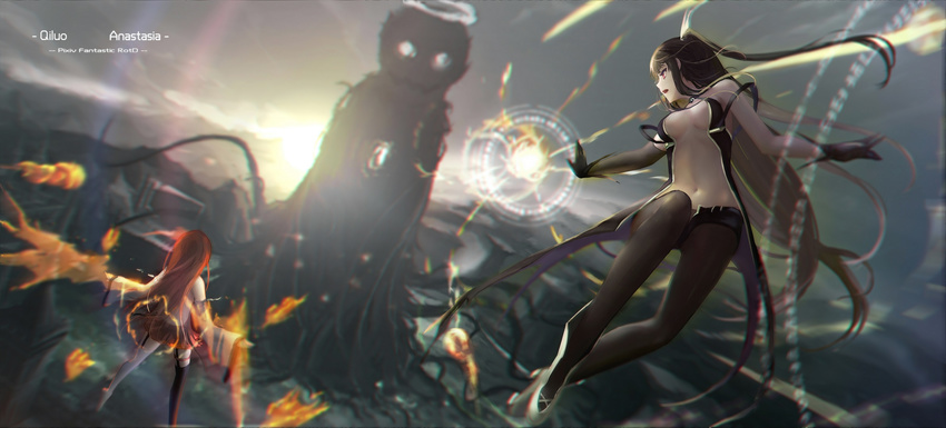 black_hair breasts center_opening chromatic_aberration cleavage detached_sleeves elbow_gloves gloves highres long_hair md5_mismatch medium_breasts mismatched_gloves mismatched_legwear multiple_girls original pantyhose pixiv_fantasia pixiv_fantasia_revenge_of_the_darkness red_eyes red_hair ruins short_shorts shorts single_elbow_glove wangchuan_de_quanyan