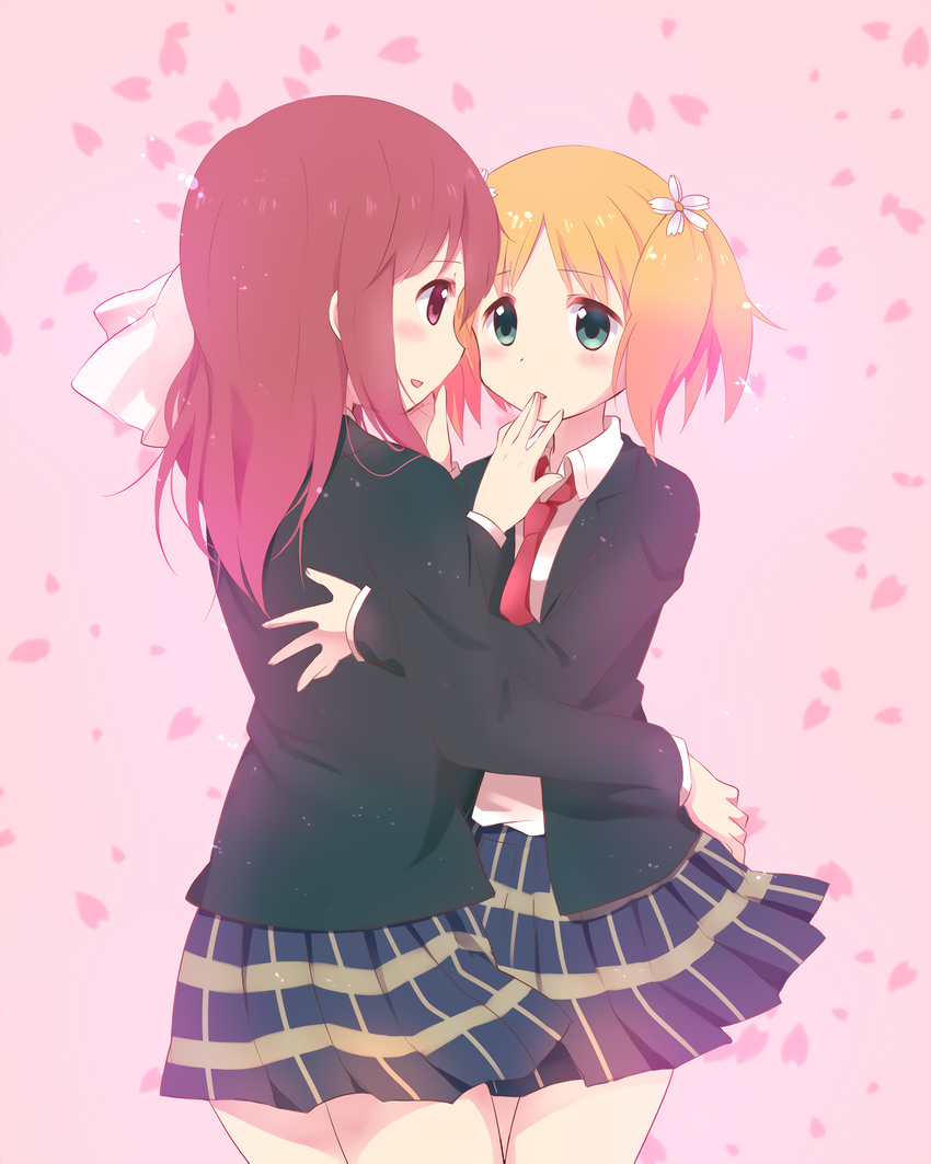 2girls artist_request blonde_hair blush couple eye_contact flower green_eyes hair_ornament hairclip hug long_hair looking_at_another multiple_girls petal petals pigtails pink_eyes pink_hair ribbon sakura_trick school_uniform short_hair simple_background skirt sonoda_yuu takayama_haruka thighs uniform yuri