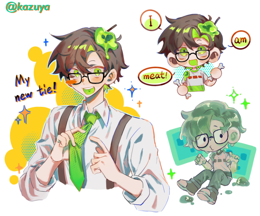 1boy artist_name bone brown_hair chinese_commentary commentary_request dream_smp english_text glasses green_eyes green_hair hat highres holding kafei146 male_focus minecraft_youtube monster_boy multiple_views necktie official_alternate_costume open_mouth pants shirt short_hair slime_(substance) slime_boy slimecicle smile speech_bubble suspenders white_background white_shirt