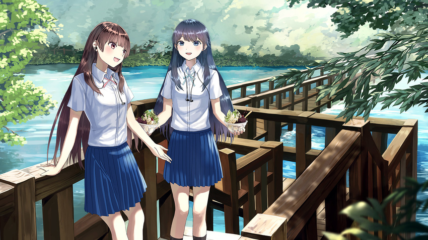 :d amadate_mahiru amadate_shin arm_support astrogirls black_hair blue_eyes blue_ribbon blue_skirt blush bridge brown_eyes brown_hair day dress_shirt earphones earphones_removed food head_tilt highres holding long_hair miniskirt multiple_girls neck_ribbon open_mouth outdoors pink_ribbon pleated_skirt ribbon school_uniform shirt short_sleeves siblings single_earphone_removed sisters skirt smile standing very_long_hair water white_shirt