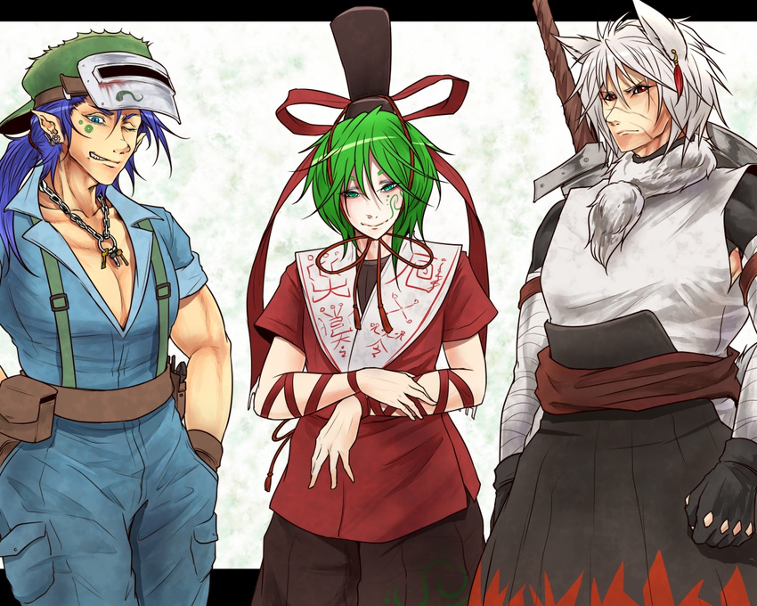 animal_ears arms_at_sides backwards_hat bandaged_arm bandages bare_arms belt belt_pouch blue_eyes blue_hair chest clenched_hands closed_mouth collarbone cowboy_shot earrings eyeliner facial_mark fur_collar genderswap genderswap_(ftm) gloves green_eyes green_hair hand_on_own_arm hands_in_pockets hands_up hat inubashiri_momiji japanese_clothes jewelry kagiyama_hina kawashiro_nitori key letterboxed long_hair looking_at_viewer makeup manly multiple_boys one_eye_closed pale_skin pants pendant pocket pointy_ears ponytail pouch ribbon ryuuichi_(f_dragon) scar shield shirt short_hair short_sleeves silver_hair sleeveless sleeveless_shirt slit_pupils smile smirk standing suspenders sword sword_hilt tools touhou weapon weapon_on_back wolf_ears