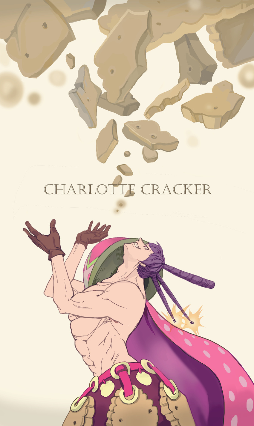 abs arched_back cape character_name charlotte_cracker cracker food gloves hair_bun highres living_(pixiv5031111) male_focus muscle one_piece pectorals pink_eyes purple_hair shirtless solo teeth
