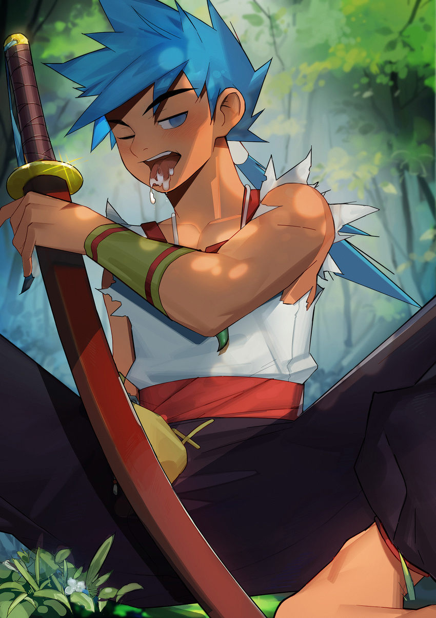 1boy blue_eyes blue_hair breath_of_fire breath_of_fire_iv cum cum_in_mouth long_hair looking_at_viewer male_focus open_mouth ryuu_(breath_of_fire_iv) sitting solo sweat sword tongue weapon yaowu