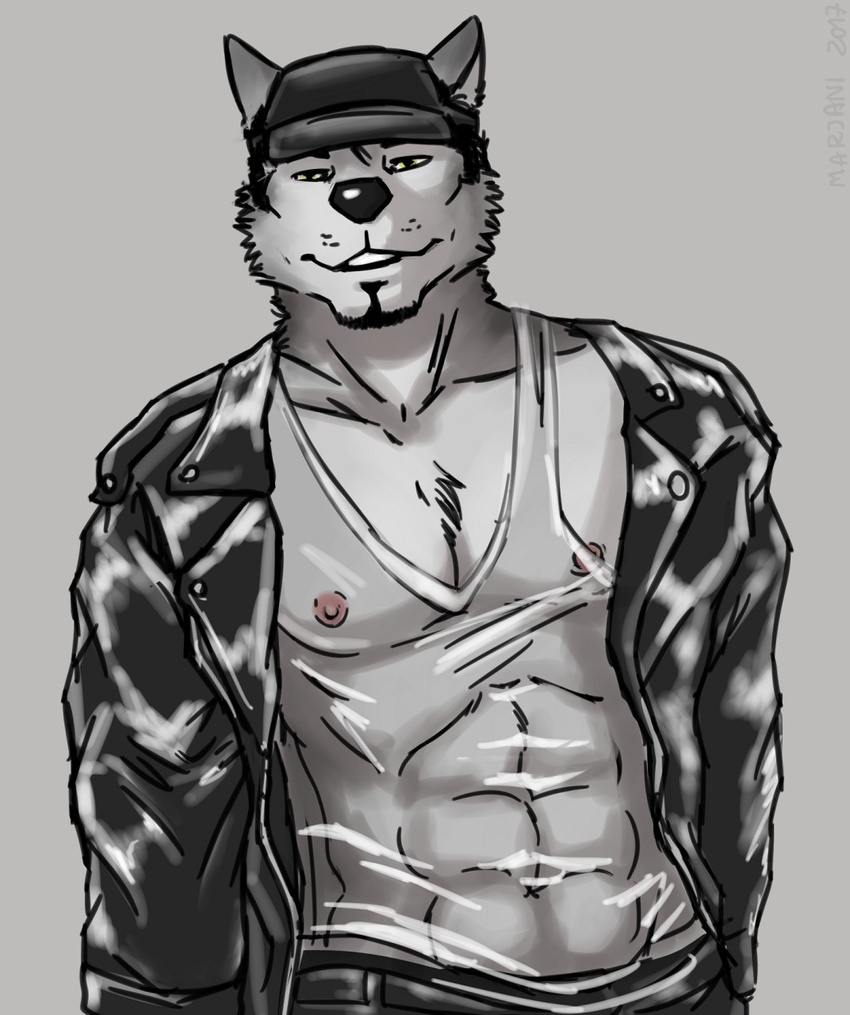 abs anthro athletic beard black_nose canine clothed clothing facial_hair fully_clothed jacket leather leather_jacket looking_at_viewer male mammal marjani monochrome nipples pants sheer_clothing shirt simple_background smile solo standing tank_top translucent transparent_clothing white_background wolf