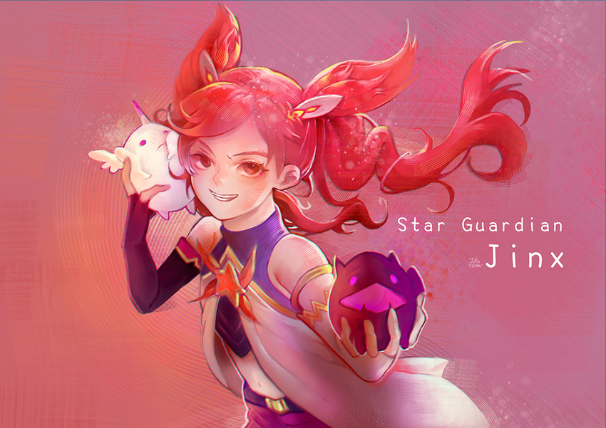 1girl alternate_costume alternate_hair_color alternate_hairstyle bare_shoulders belt black_gloves earrings elbow_gloves fingerless_gloves flat_chest gloves hair_ornament highres horn jewelry jinx_(league_of_legends) kuro_(league_of_legends) league_of_legends long_hair magical_girl red_bow red_bowtie red_eyes red_hair shiro_(league_of_legends) short_shorts shorts star_guardian_jinx thighhighs tied_hair twintails very_long_hair