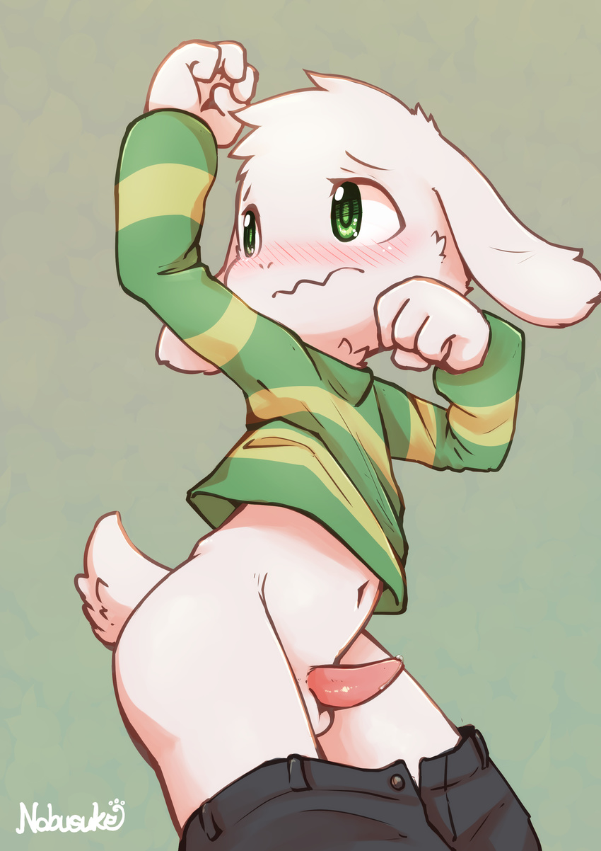 4_fingers anthro asriel_dreemurr balls blush caprine clothing cub erection fur goat green_eyes male mammal monster navel nobusuke pants penis precum simple_background solo sweater tapering_penis undertale video_games white_fur young