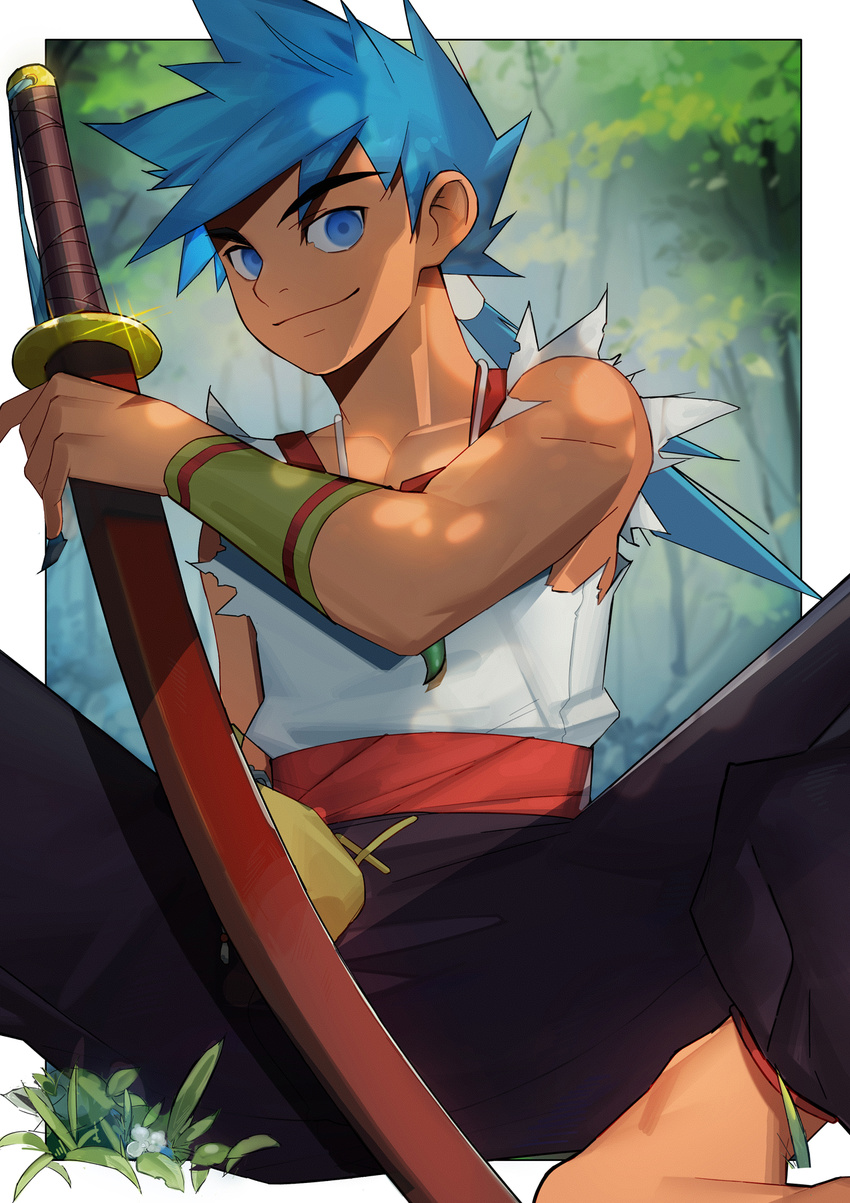 1boy blue_eyes blue_hair breath_of_fire breath_of_fire_iv long_hair looking_at_viewer male_focus ryuu_(breath_of_fire_iv) sitting solo sword weapon yaowu