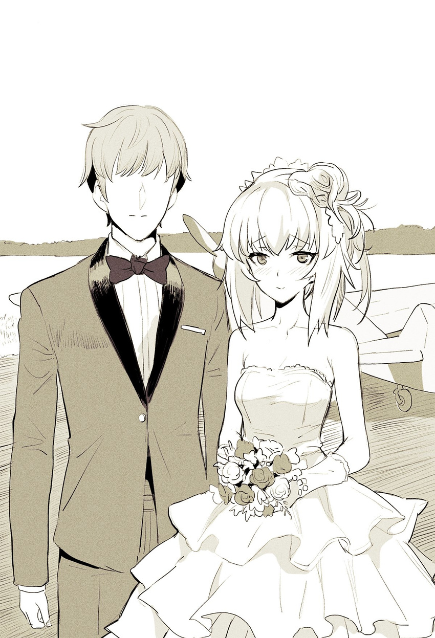 1girl aircraft airplane arms_at_sides bangs bare_shoulders blush bouquet bow bowtie brown closed_mouth collarbone cowboy_shot dress elbow_gloves eyebrows_visible_through_hair faceless faceless_male flower formal girls_und_panzer gloves greyscale hair_up highres holding holding_bouquet itsumi_erika ladic layered_dress long_sleeves looking_at_viewer monochrome original outdoors pants sidelocks smile standing strapless strapless_dress suit tsurime wedding_dress