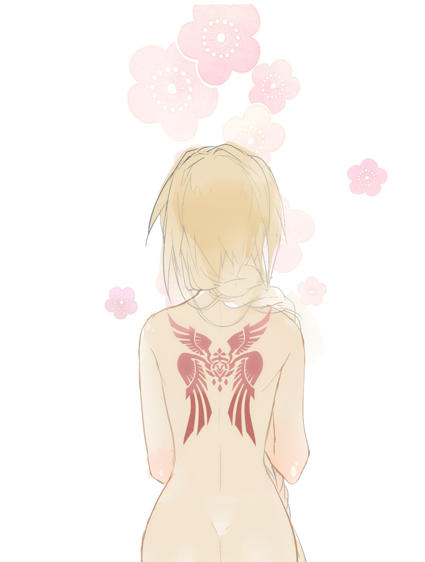 ass back back_tattoo blonde_hair braid fate/apocrypha fate_(series) floral_background from_behind gekka_nanako hair_over_shoulder highres jeanne_d'arc_(fate) jeanne_d'arc_(fate)_(all) long_hair nude single_braid sketch solo tattoo very_long_hair