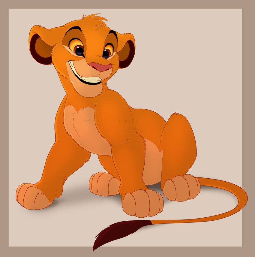 black_lips brown_eyes disney eral feline fur kitchiki lion male mammal paws pink_nose simba simple_background sitting smile solo teeth the_lion_king