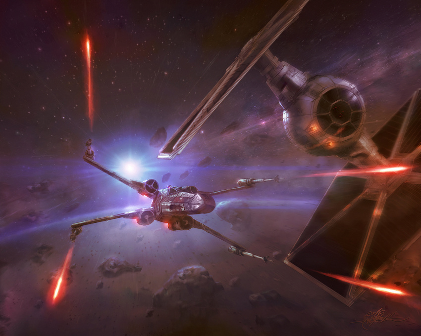 battle commentary duel highres laser_beam lens_flare motion_blur realistic space space_craft star_(sky) star_wars starfighter thefirstangel tie_fighter wedge_antilles x-wing