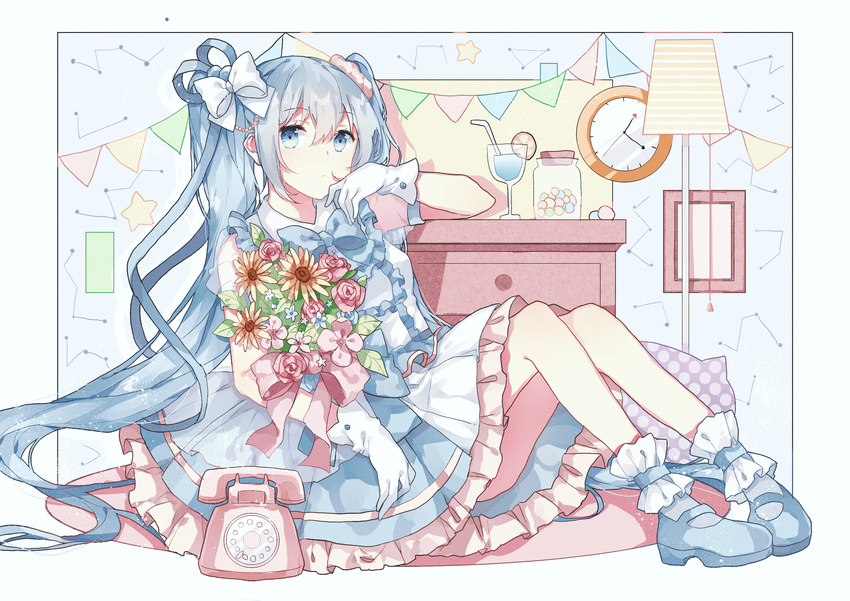 absurdres blue_dress blue_eyes blue_hair bouquet clock dress flower gloves gocoli hatsune_miku highres lamp long_hair mary_janes phone rotary_phone shoes sitting socks solo twintails vocaloid white_gloves